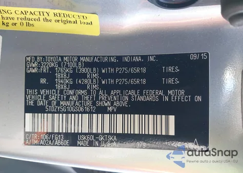 2016 Toyota Sequoia Sr5 5.7L V8 из США, поврежденный, VIN 5TDZY5G10GS061612